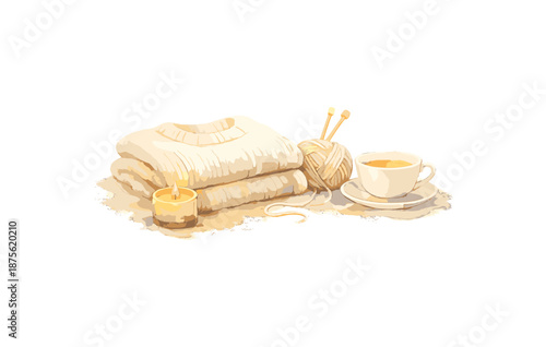 Cozy setup with folded sweaters, candle, yarn, and tea cup