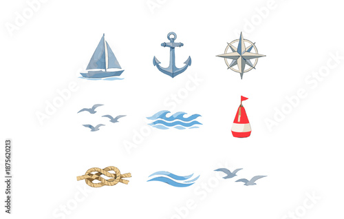 Nautical symbols: sailboat, anchor, compass, seagulls, waves, and buoy icons