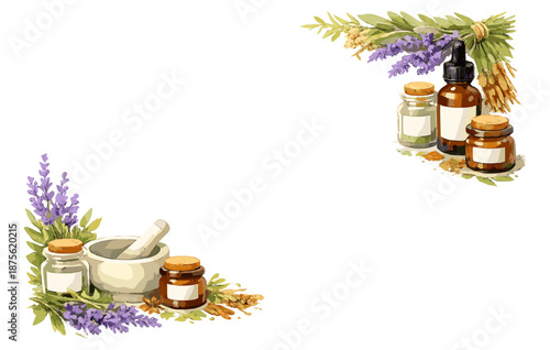 Herbal apothecary: mortar, pestle, jars, and lavender for natural remedies