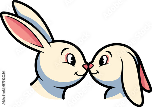 Two cute white rabbits with pink ears touching noses on transparent background