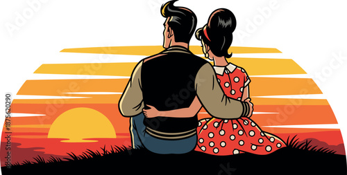 A couple sitting closely together and watching a sunset on transparent background