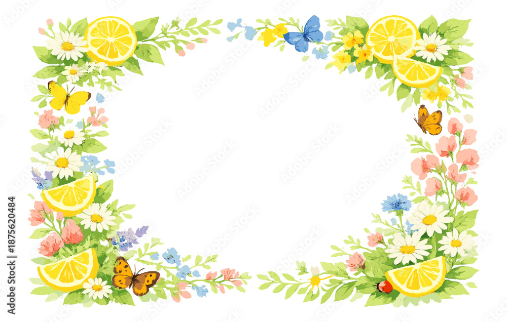 Obraz premium Vibrant floral border with citrus and butterflies in a summer theme