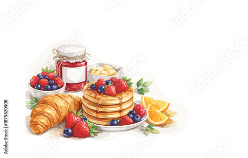Delicious pancake breakfast with berries orange slices and croissant