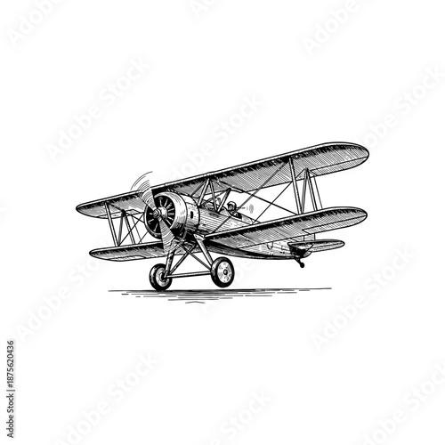Vintage airplane biplane engraving.