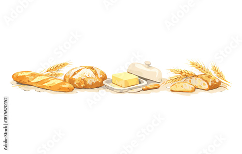 Assorted bread and butter with wheat ears on white background