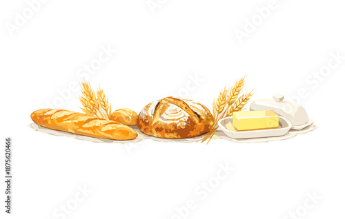 Freshly baked bread and butter with wheat stalks on white background