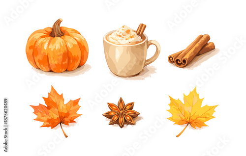 Pumpkin spice coffee with cinnamon and autumn leaves
