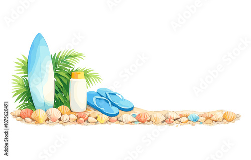 Summer beach essentials: surfboard, flip-flops, sunscreen, seashells, sand
