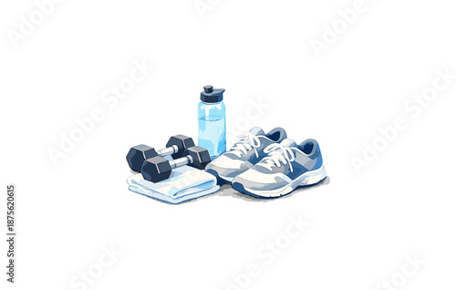 Fitness gear with dumbbells towel water bottle and sneakers