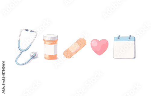 Medical items collection with stethoscope, pill bottle, bandage, heart, calendar