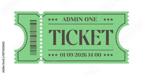 Retro green Admit One ticket mockup. Classic carnival, circus and movie event pass vector illustration for posters, invitations, festival branding and nostalgic design templates