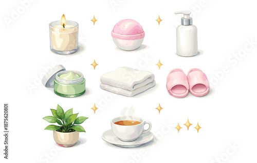 Spa essentials collection: candle, bath bomb, lotion, cream, towel, slippers, plant, tea