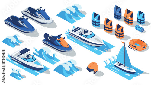 Isometric water sports equipment set with jet skis and boats