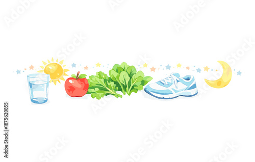 Healthy lifestyle concept with water, fresh produce, exercise, and sun moon cycle