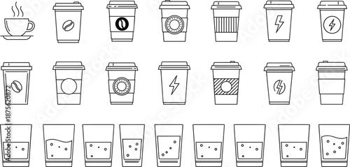 Coffee and beverage icons set featuring hot coffee cups, takeaway paper cups with sleeves, energy drinks, and sparkling water glasses.