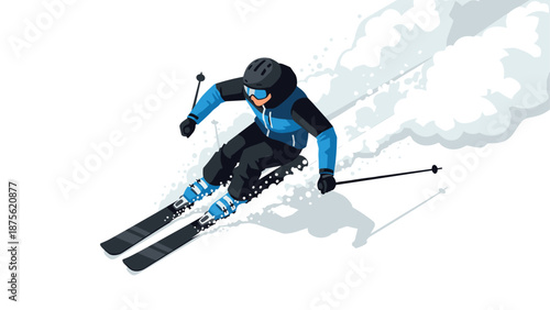 Skier racing downhill in dynamic action with snow trail in winter sports