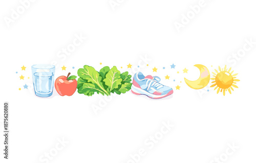Healthy lifestyle icons: water glass, apple, lettuce, running shoe, moon, sun