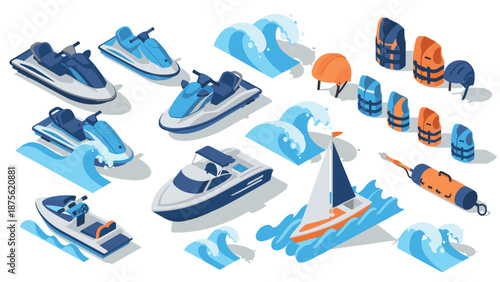 Isometric water sports equipment and activities collection with boats and safety gear