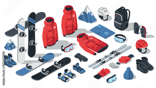 Winter sports equipment in isometric style featuring snowboards and ski gear
