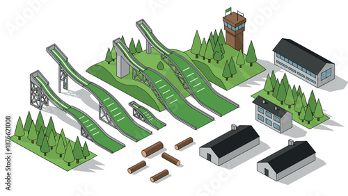 Isometric ski jumping arena with trees and buildings for winter sports layout design