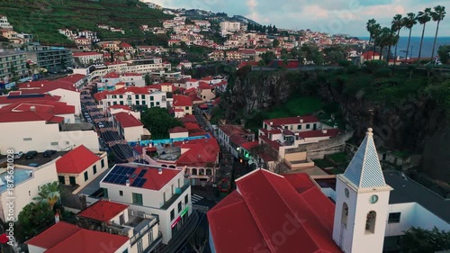 Coastal village scene, Scenic aerial view of seaside village at sunset