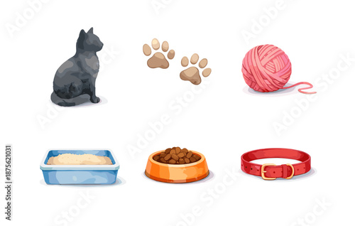 Cat care essentials: litter, food, collar, toys, and paw prints