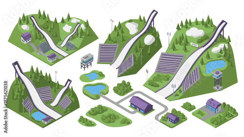 Isometric ski jumping arenas: scenic winter sports landscape designs in 3d