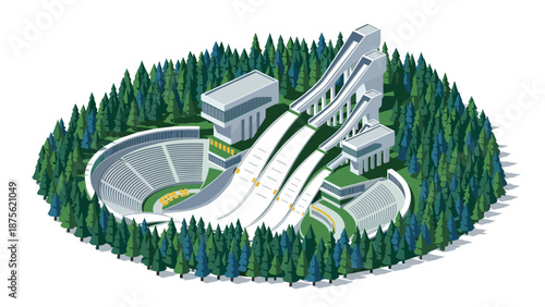 Isometric ski jump arena surrounded by forest with grandstands and facilities