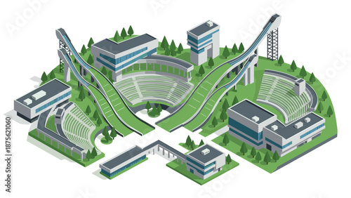 Modern isometric winter sports complex with ski jumps and stadium buildings