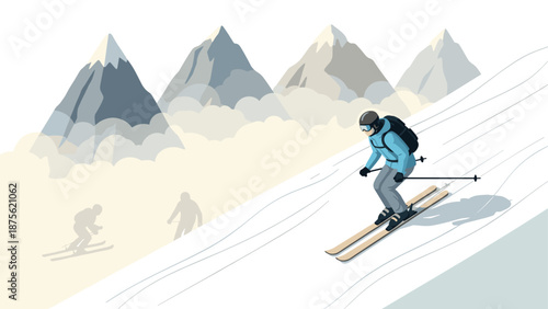 Winter skiing adventure: snow-capped mountains and dynamic ski jumper