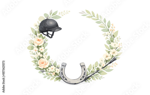 Equestrian emblem with floral wreath, helmet, and horseshoe