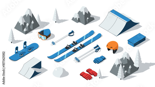 Winter sports equipment and mountain scenery in isometric design