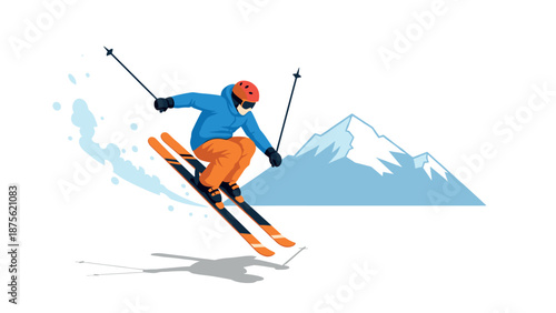 Winter adventure: dynamic skiing scene with mountain backdrop in a clean minimalist style