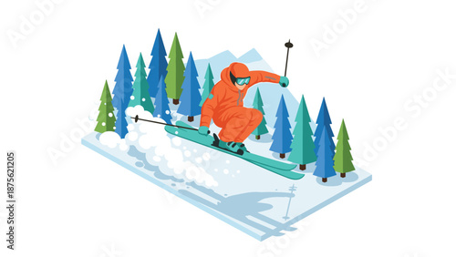 Adventure skier in motion: winter sports and nature in dynamic cartoon style