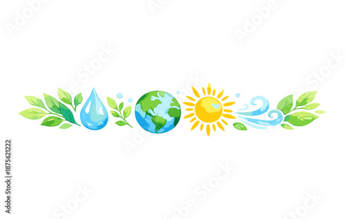 Environmental symbols: earth, water, sun, air, leaves in harmony