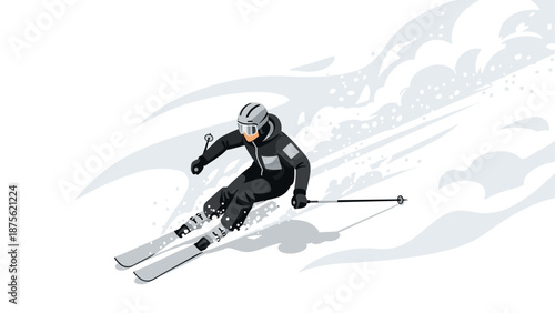 Dynamic skier in motion with winter snow trail