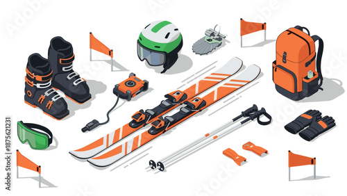 Winter sports gear collection: isometric ski equipment with vibrant orange accents
