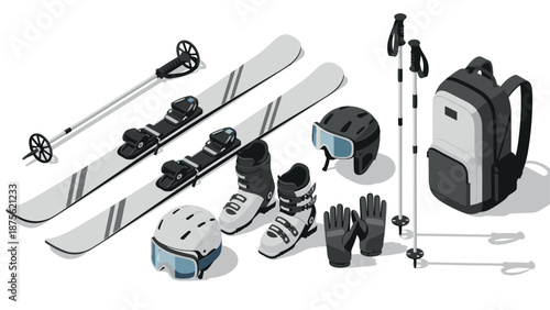 Essential winter sports gear: skis, snow boots, and accessories in modern isometric view