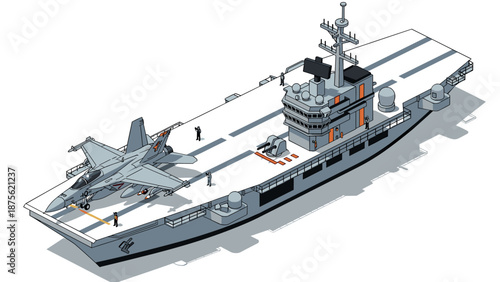 Modern isometric aircraft carrier with fighter jet and crew