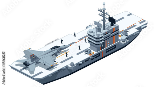 Modern isometric aircraft carrier with fighter jet and crew in action