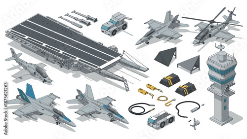 Modern isometric military aircraft collection with carrier, jets, and helicopter