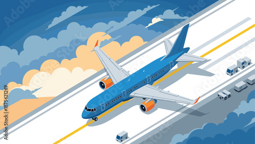 Airplane on runway with luggage carts under a vibrant sky