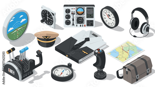 Aviation equipment isometric set with pilot accessories and navigation tools