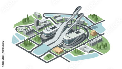 Modern isometric cityscape with futuristic architecture and green spaces