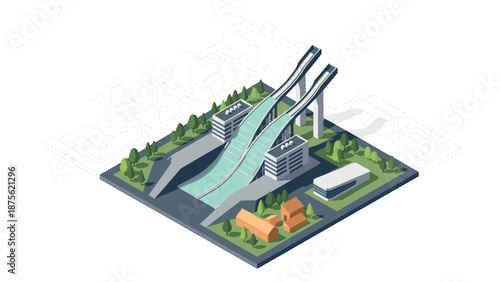 Isometric ski jumping venue with lush greenery and modern architecture