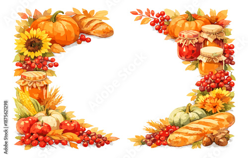 Autumn harvest frame with pumpkins, bread, and preserves surrounded by fall leaves and fruits