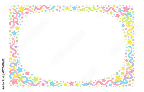 Colorful confetti border with stars and ribbons on white background