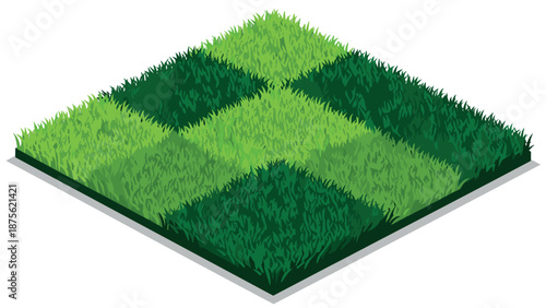 Isometric green lawn with geometric pattern and grass texture
