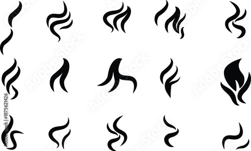 Smoke steam icon vector logo set. Smoke smell, steam aroma heat icon illustration. Hot vapor fire doodle line logo. Hit stink, coffee, fragrance flame elements. Vector illustration.