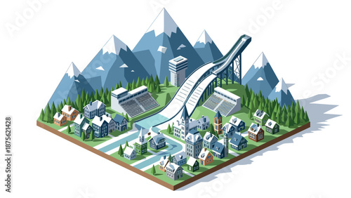Isometric winter ski resort with mountains and village landscape